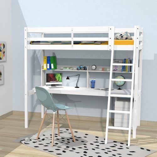 WEBER INDUSTRIES Hochbett Studio 90 x 190 cm + 1 Lattenrost + Box 3 Schubladen + Schreibtisch + Regal/Weiß