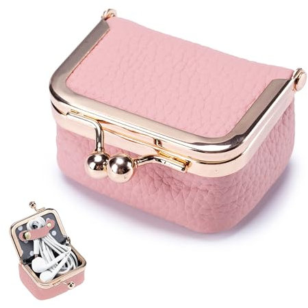 FloralGrace 1 Stück Echte Leder Mini Schmuckkästchen, Mini Schmuckaufbewahrung, Schmuckkästchen mit Kussverschluss, Mini Reise Schmuckkästchen Aufbewahrung (Pink)