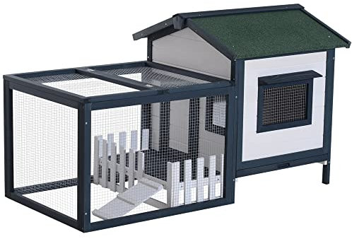 PawHut Conigliera da Esterno e Interno, Gabbia per Conigli con Tetto Impermeabile, Casetta e Area per Movimento, Conigliera in Legno di Abete, 151x78x84.5 cm, Verde e Bianco