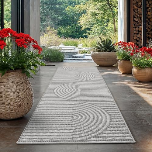 HomebyHome Outdoor Teppich Grau 80x250 cm Läufer Wetterfest UV-beständig Pflegeleicht Skandinavisches Boho Design für Küche Balkon Terrasse Wohnzimmer