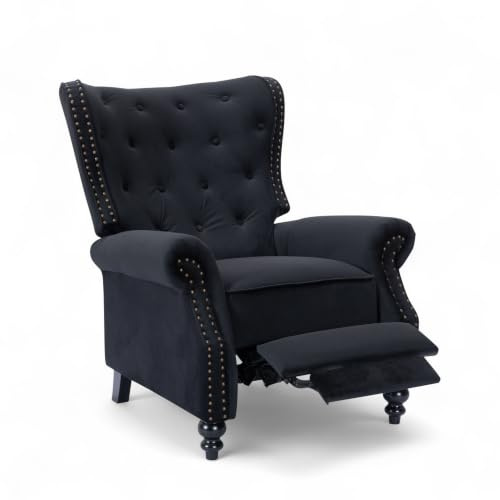 Stunning Chairs Velvet Black Chesterfield Armchair – Wingback Recliner Chair with Wooden Legs, Fireside Chairs for Living Room & Elderly, High Wing Back Arm Chair with Buttoned Back, Studs Detail