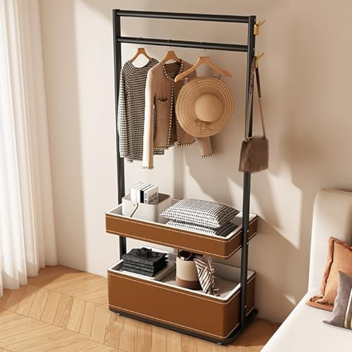LXRHLIKG Porte Manteau, Porte-Manteau sur Pied en Fer avec roulettes Universelles, Porte Manteaux avec 2 Paniers de Rangement en PU et 2 Crochets pour Chambre/entrée(Black,100cm/39in)