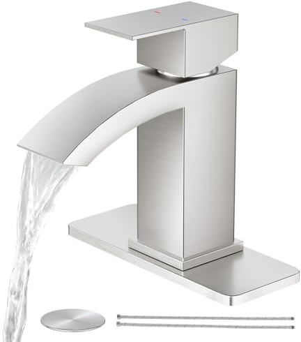 CREA Wasserfall-Badezimmer-Wasserhahn, 1 Loch, Einhandgriff, gebürsteter Nickel, Edelstahl, moderne Waschtischmischbatterie, 3-Loch-Deckplatte, Wohnmobil-Waschtisch (Pop-Up-Ablauf/cUPC-Zuleitung)