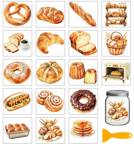 GLOBLELAND 18 Blatt Brot Koch Transferfolien Zum Aufreiben Donut Lebensmittel Wasserdicht UV DTF Becherfolien Aufkleber 3.9x3.6 Zoll Brot Präsentationsständer Transferaufkleber Für Wasserbecher