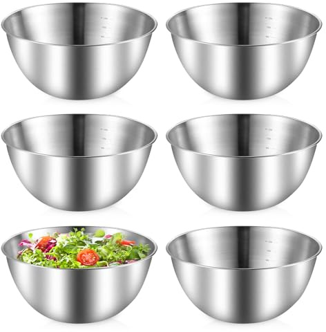 PORFOYO 6 Stück Edelstahl Schüssel, Ø 19.3 Cm Salatschüssel, 1.2 L Rührschüssel Salatschüssel Set, Edelstahlschüsseln Mit Messmarken Für Müslischale, Dipschale, Snackschale, Servierschale