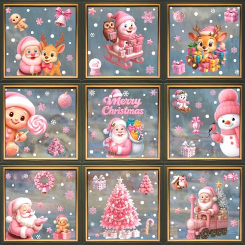 BSITSSS 9 Hojas Pegatinas Navidad Ventanas, Rosa Pegatinas de Navidad, Renos Navideños Papa Noel Stickers Vinilos para Cristales Decoración Navideña Christmas Decorations Hogar