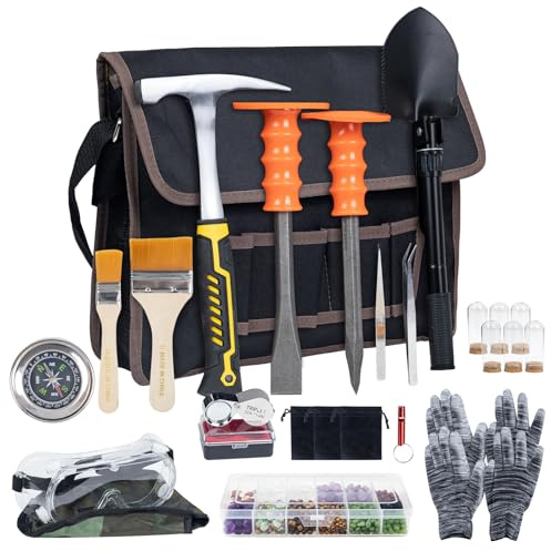 DigNew Geology Rock Pick Hammer Kit - 25 Piece Rock Hammer Kit, Complete Geology Kit with Chisels, Folding Shovel, Safety Equipment, Panoramic Kit Accessories