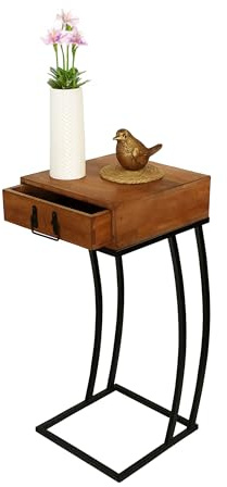 Relaxdays side table with drawer, HxWxD: 70 x 30 x 30 cm, wood & metal, C-shape, antique style, brown/black