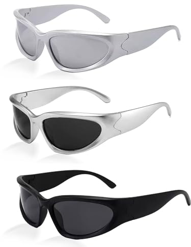 XDGBGFN 3 Paar Vintage Sonnenbrille Herren Damen, Y2K Futuristische Rave Sonnenbrille Leichtgewicht Wrap Around Radsportbrillen Rechteckige Rave Brille