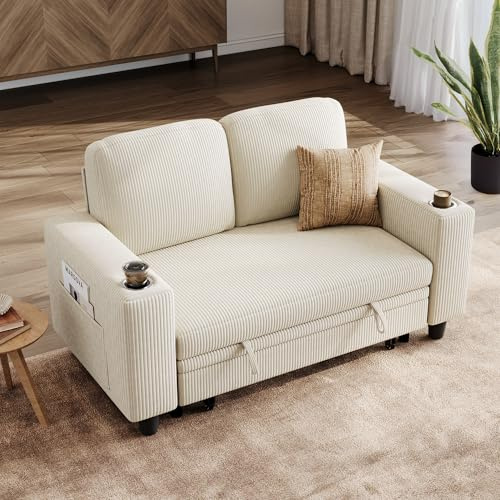 LINSY HOME Loveseat Sofa mit Stauraum – Bequemes Plüsch-Cord-2-Sitzer-Sofa mit Getränkehaltern, Sofa Klein für Kleine Räume, Wohnzimmer, Schlafzimmer, Wohnung