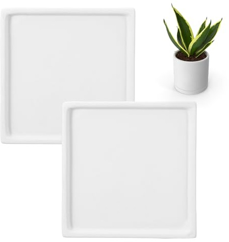 QUARKZMAN 2 Pcs Plato Cuadrado para Macetas De 4.7 Pulgadas Plato De Cerámica para Goteo De Macetas Plato Resistente para Macetas para Interiores Y Exteriores Blanco