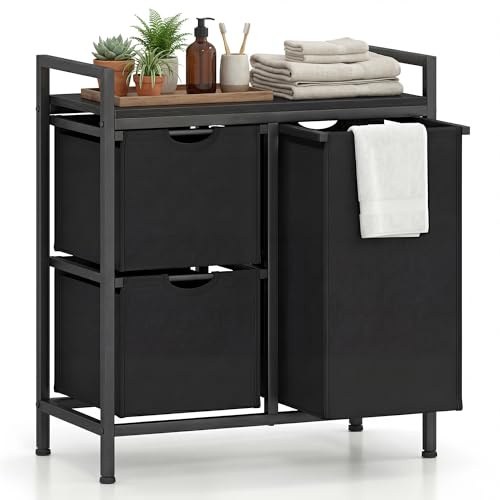 LIFEZEAL Wäschekorb mit Ablage, Wäschebox mit 2/3 abnehmbaren Stofftasche, Wäschesammler aus Oxford-Gewebe, Wäschesack für Waschküche, Badezimmer (Schwarz, 65,5 x 33 x 72 cm)