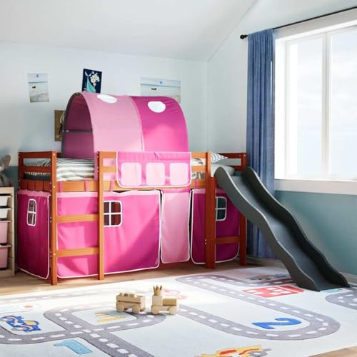 mzdioop Kinderhochbett mit Tunnel und Rutsche Rosa 80x200 cm Massivholz Kiefer stabiles Kinderbett mit Vorhang Set und Rausfallschutz für Indoor Spielplatz und platzsparendes Kinderzimmer