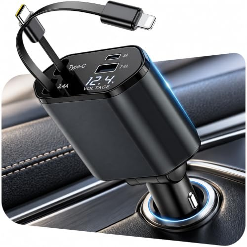 4 in 1 Zigarettenanzünder USB C, 66W Auto Ladegerät Adapter Kfz mit Einziehbarem Typ-C Kabel/USB C/USB A, Spannungsanzeige, Auto Zubehör für iPhone 16/15/14/13, Samsung S24/S23, iPad