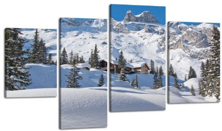 Leinwandbild Verschneite Alpen LW366 Wandbild, Bild auf Leinwand, 4 Teile, 180x115cm, Kunstdruck Canvas, XXL Bilder, Keilrahmenbild, fertig aufgespannt, Bild, Holzrahmen, Gebirge, Winter, Schnee