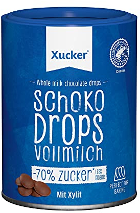 Xucker Schoko Drops Vollmilch Schokolade - Zuckerreduzierte Schokolade mit Xylit Zuckerersatz I Xucker Chocolate Drops als Süßungsmittel zum Backen (min. 42% Kakaoanteil / 200g)