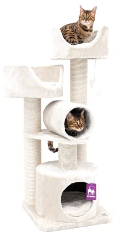 Petrebels Kratzbaum Victoria 125 cm hoch, Design Kratzbaum mit Liegefläche, Spielrolle, Höhle und Dicke Stämme Ø 12 cm, Farbe Beige/Creme