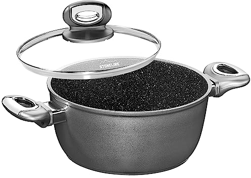 STONELINE Gourmundo Casserole 24 cm Made in Germany, avec Couvercle en Verre, Compatible à l'Induction et au Four, Revêtement Antiadhésif avec de vraies particules de pierre, Gris