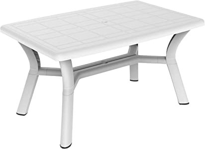 RESOL Tulipán Mesa Jardín Exterior 140x90 hasta 4/6 Personas con Agujero de Sombrilla y Protección UV | Mesa de Comedor Exterior en Patio, Terraza o Porche | Fácil Mantenimiento - Blanca