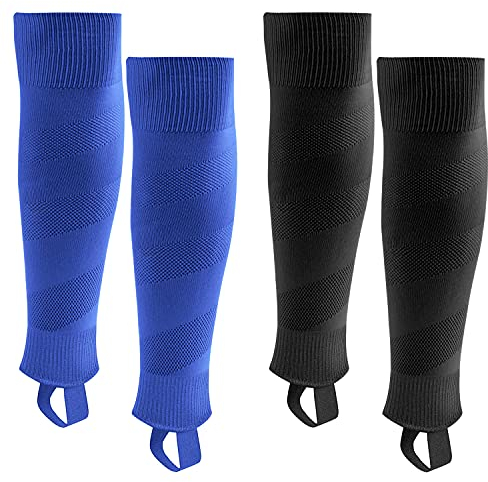 Northdeer Kinder Stutzen Fussball Herren Fussballstutzen Stegstrümpfe Sleeve Fussballsocken mit Steg 2 Paar (Schwarz + Blau S)