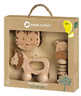 Bebeconfort Baby Holzspielzeug, nachhaltiges Lernspielzeug aus 100% FSC Holz, niedliches Geschenkset für Babys: Rollspielzeug + Glockenrassel + Rasselkette, braun