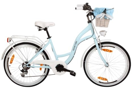 Goetze Mood 24 Zoll Kinderfahrrad, 6-Gang, V-Bremsen, LED & Rattankorb | 14 Zoll Tiefeinsteiger-Stahlrahmen, LED-Licht, Gepäckträger, Schutzbleche, Seitenständer, Komfortsattel & Klingel