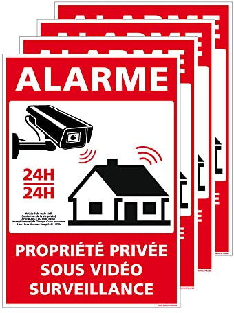 Signalétique.biz France - Lot de 4 panneau Alarme Vidéo Surveillance 24h/24-75 x 105 mm - Autocollant - Adhésif