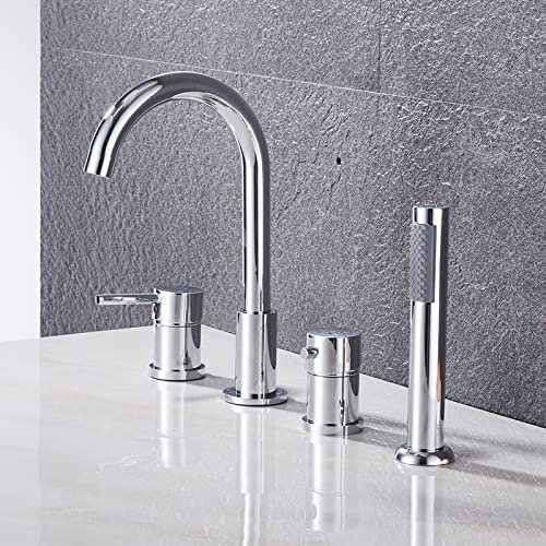 Vasca Bordo Vasca 4 Fori Miscelatore Doccia Caldo e Freddo Rubinetteria Bagno con Doccetta Rubinetti per Vasca Bifunzionale Miscelatore Bordo Vasca da Bagno,Cromo