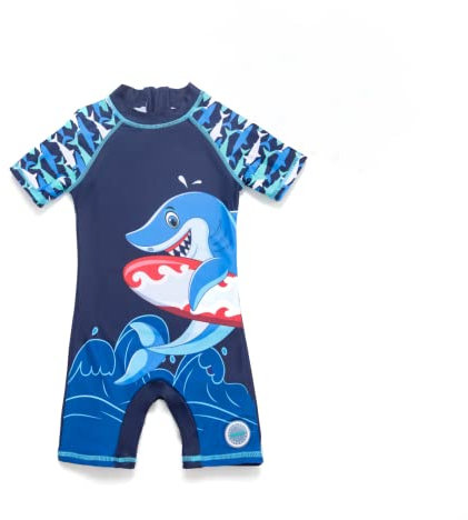 BONVERANO Bañador de una Pieza para bebé recién Nacido, Mangas largas, protección UV 50+, bañador con Cremallera(Azul-tiburón,3-6meses