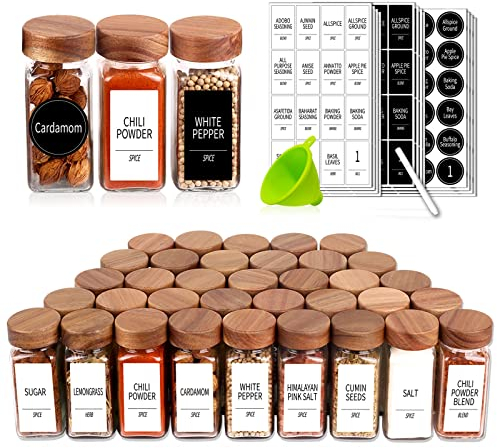Churboro 24 Spice Jars with 547 Labels - Glass Spice Jars with Shaker Lids - 4 Oz Square Spice Containers with Acacia Wood Lids, Chalk Pen, Funnel- Seasoning Jars for Spice Rack, Cabinet, or Drawer