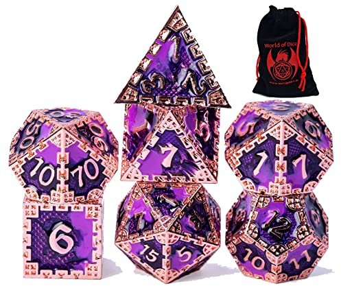 World of Dice - Metallwürfel-Set - Dragon Siege, polyedrische DND-Würfel, mit Würfelbeutel, D20 bis D6, für Dungeons and Dragons, DSA, UVM. (Rosegold Purple)