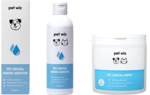 pet wiz Dental Water Additive & Dental Finger Wipes - Twin Pack - Plaque Remover, Treatment for Gums & Tartar, Promotes Fresh Breath