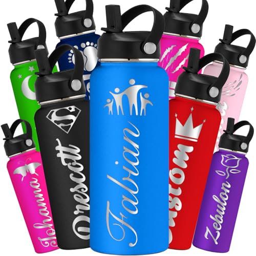 Fadace Botellas de agua personalizadas con tapa con popote, botellas de agua aisladas personalizadas de acero inoxidable con nombre grabado para niñas, mujeres, hombres, niños, regalos deportivos