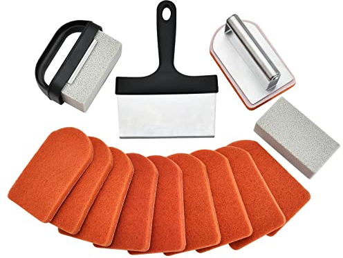 Kit de Nettoyage pour Plaque de Cuisson 15 pièces – Kit de Nettoyage Robuste pour Barbecue avec Pierre de Gril, grattoir et Brosse à Grille avec poignée en Plastique et Acier Inoxydable – Kit de