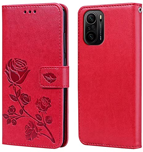 RankOne Leder Geldbörsen Hülle für Poco F3 / Poco F3 5G / Xiaomi MI 11i (6.67 Inches), mit Kartenhalter Rose Pattern Design Cover Folio Flip Case - Rot