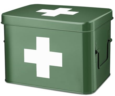 Flexzion Medizinbox, Hausapotheke box, Apothekenbox - 33x21x19cm Medikamenten Aufbewahrung aus Metall für Notfall, Erste Hilfe Schrank, mit Seitengriffen, abnehmbarem Tablett & 5 Fächern, Grün