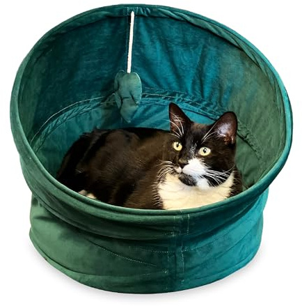 Rosewood Green Velvet Collapsible Tunnel Bed For Cats, Velvet Cat Bed, Green, 44 x 48cm