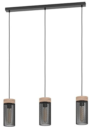 EGLO Hängelampe Klinsdale, Pendelleuchte Esstisch 3-flammig, Industrial Esszimmerlampe aus Holz in Nussbaum und Metall in Schwarz, Gitter Hängeleuchte mit E27 Fassung