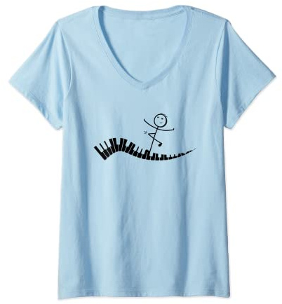 Damen Lustige Piano Stick Figur Pianist Lustige Klavier Keyboard Player T-Shirt mit V-Ausschnitt
