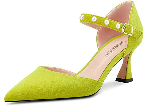 OISEGOP Mujer Chunky Ancho Medio Heel Puntiaguada Punta Pumps Correa Tobillo Cierre con Hebilla de Boda Cute Zapatos Verde Lima 42 EU
