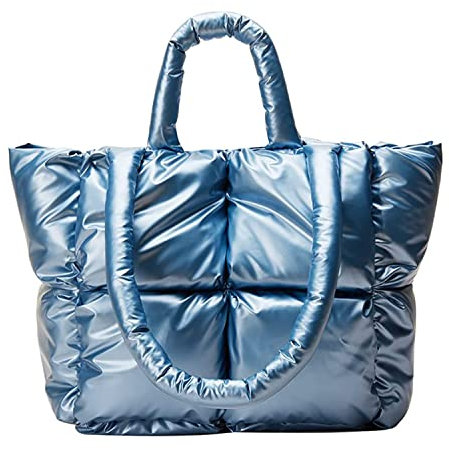 Große gesteppte Puffer-Tragetasche für Damen, weich gepolstert, Daunen, Winterhandtasche, Schultertasche, Kissen, Shopper, Blue-m, Large