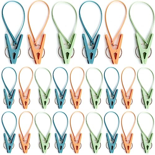 24 Pack Clothes Pins Clothes Peg Clip Pins with Plastic Rope for Clothesline Multicolor Drying Clothing Clips Hooks Windproof Clothes Hanger for Hanging Socks Hats Pants Bras Underwears Towel Photo