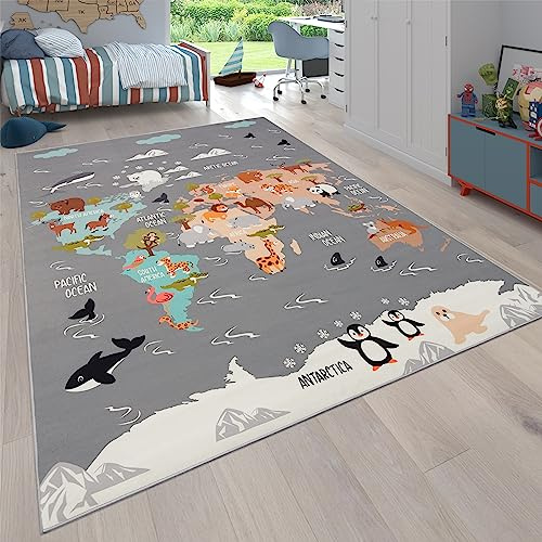 Paco Home Teppich Kinderzimmer Kinderteppich Junge Mädchen Spielteppich Tier Welt Motiv rutschfest Modern Grau Blau Braun, Grösse:120x160 cm