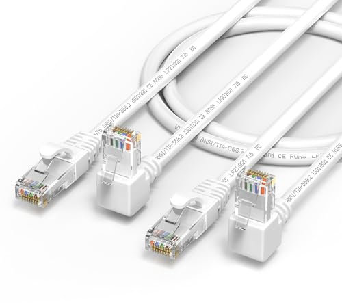 JUXINICE Lot de 2 câbles Ethernet CAT6 à 90 degrés - Blanc - 4,5 m - Angle vers le bas - Câble de raccordement Ethernet CAT 6 à angle droit - Câble réseau Gigabit RJ45 - Bande passante jusqu'à 250 MHz