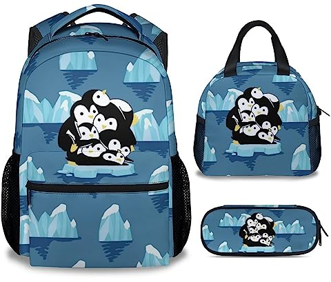 COOPASIA Pinguin-Rucksack mit Lunchbox und Federmäppchen, 40,6 cm, Pinguin-Thema, Büchertasche mit verstellbaren Trägern, langlebig, leicht, großes Fassungsvermögen, Schulrucksack für Mädchen und