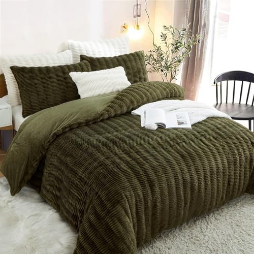 Lanqinglv Plüsch Bettwäsche 135x200 4 Teilig Grün Dunkelgrün Flauschig Langhaar Kunstfell Winterbettwäsche Warm Flanell Fleece Cashmere Touch 2 Bettbezug mit Reißverschluss und 2 Kissenbezug 80x80cm
