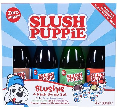 SLUSH PUPPiE Zero - Juego de 4 jarabes de cola, frambuesa azul, limón y lima y fresa. Juego de regalo de jarabe para cachorros sin azúcar. 4 x 180 ml. Producto oficial de SLUSH PUPPiE.