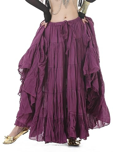 MUZIZY Langer Rock, Bauchtanz-Performance Damen-Tribal-Tanzrock Damen-Bauchtanz-Tribal-Rock Zigeuner-Baumwolle Einfarbig Bauchtanz-Tanzrock,Lila