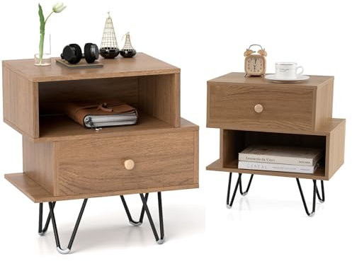 KOMFOTTEU 2er Set Nachttisch mit Schublade und offenem Regal, Beistelltisch klein aus Holz, Sofatisch 39 x 29 x 47 cm, Couchtisch für Wohnzimmer, Schlafzimmer, Büro