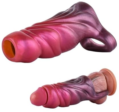 Axcroo Penis Sleeve Penishülle mit Hodenring Realistischer Monster Hohler Dildo Dick Cock Hülle Erektionssteigerung Extender Erweiterung Penismanschetten Penis Vergrößerung Sexspielzeug Für Männer (L)